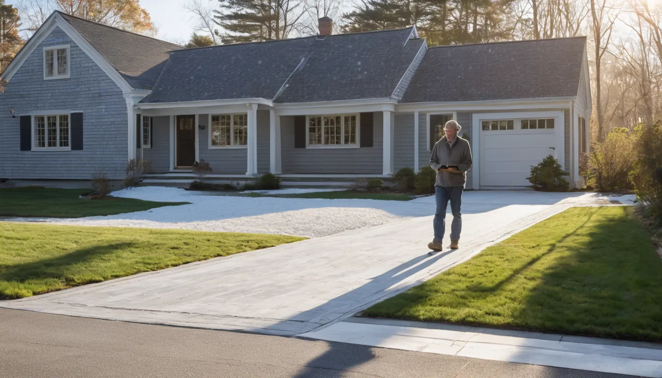 Fresh broom-finished concrete driveway leading to a Cape Cod style home in the Middletown area