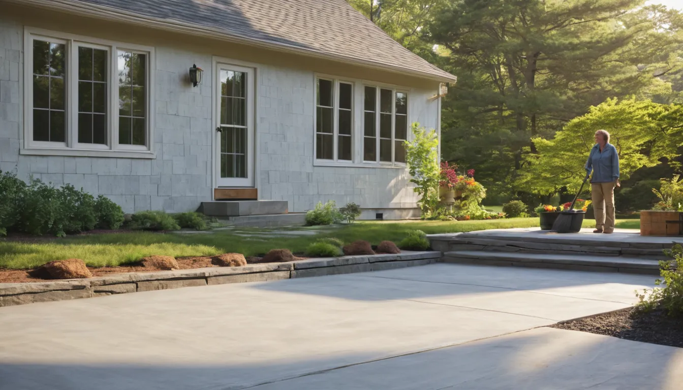 Newly poured concrete patio behind a home in Middletown, with a homeowner reviewing the layout with a local provider